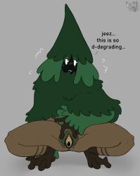1girls solo solo_female plant_girl pine_tree pine_(ebiinari) original original_character hairy_pussy pubic_hair squatting shy blush ebiinari text english_text bottomless spread_legs spreading spread_pussy