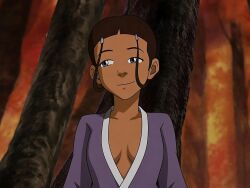 1girls ai_generated avatar_legends avatar_the_last_airbender blue_eyes blue_robe brown_hair cleavage deep_cleavage edit female flat_chest flat_chested forest hair_loopies katara no_bra plunging_neckline robe smile smiling teenage_girl teenager water_tribe
