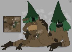 1boy 1girls blush bottomless_male chubby chubby_female creampie cum cum_in_pussy cum_inside dark_skin ebiinari hairy_pussy inverted_nipples large_areolae larger_female leg_grab leg_up lying lying_on_side nude_female on_side original original_character pine_(ebiinari) pine_tree plant_girl plant_humanoid pubic_hair sex shy size_difference small_penis smaller_male steam vaginal_penetration
