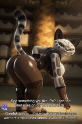 3d 3d_(artwork) ai_assisted anthro asian_clothing ass_crack athletic_female back_view bent_over big_ass brown_legwear brown_pants busty cat_tail catgirl cleavage_overflow corset curvaceous dialogue dreamworks dreamworks_animation felid feline furry_tail gloves high_quality highres huge_ass huge_breasts kung_fu_panda kung_fu_panda_legends_of_awesomeness leaning_forward leggings leopard leopard_print lewdstein lighting looking_at_viewer looking_back muscular_legs pantherine paws raised_tail rosettes sideboob skin_tight snow_leopard su_wu subtitled sunlight tail text thick_legs thick_thighs thin_waist tight_clothing tights toned_female voluptuous yellow_eyes