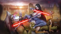 star_wars clone_wars fanart asajj_ventress original_characters original_character pale-skinned_female green_skin cyborg muscular_male hooded_cloak big_breasts big_penis big_balls barefoot alien alien_girl extraterrestrial female_on_top femdom thick_thighs voluptuous voluptuous_female bald_female interspecies interspecies_sex forced forced_sex weapon hairless_pussy red_lightsaber lightsaber angry angry_expression angry_sex scared scared_expression double_penetration threesome threesome_sex mmf_threesome dirty sweat sweaty_body sweaty blush blushing jojobanks public public_nudity public_sex sci-fi