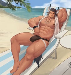 abs animal_humanoid arknights barazoku beach beach_chair beard biceps big_muscles bovid bovid_humanoid bovine bovine_humanoid brown_hair bulge cattle_humanoid clothed clothing detailed_bulge eyes_closed facial_hair genital_outline hair hi_res horn humanoid hypergryph jewelry jockstrap jockstrap_only male male_only mammal mammal_humanoid matterhorn_(arknights) muscular muscular_male necklace nipples pecs penis_outline quads solo studio_montagne tail topless underwear underwear_only xianyusamuel