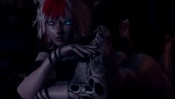 akilandi big_breasts big_hips covering_face heterochromia laying_down lucy_clawmore nipples red_hair skyrim skyrim_modded tattoo