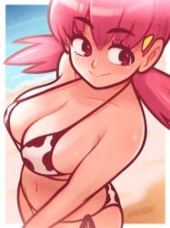 1girls ass medium_breasts bikini bikini_bottom bikini_top bottomwear breasts clothing cow_print cow_print_bikini female female_only game_freak pink_hair pokemon pokemon_gsc black_eyes smile solo solo_female thighs topwear whitney_(pokemon) tsuvida breast_focus big_breasts