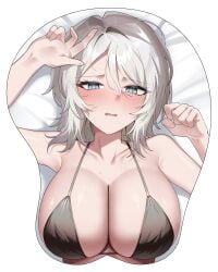 1girls big_breasts black_bra blue_eyes blush blushing faust_(limbus_company) grey_hair layer_(artist) layer_(layer_illust) limbus_company looking_at_viewer mouse_pad on_back