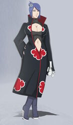 1girls akatsuki_(naruto) alternate_eye_color big_breasts blue_eyes blue_hair boots breasts cleavage crossed_legs curvy curvy_figure eyeliner eyeshadow facial_piercing female female_only flower footwear fully_clothed hair_flower hair_ornament hand_on_hip hi_res high_heels high_resolution konan long_hair looking_at_viewer makeup midriff nail_polish naruto naruto_(series) naruto_shippuden paper piercing posing salazr4 side_bun solo standing tied_hair unzipped wide_hips