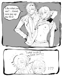 1boy 1girls ? confused degrees_of_lewdity monochrome piercing short_hair showing_breasts skirt small_breasts whitney_(dol)