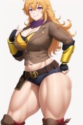 1girls ai_generated bare_midriff bare_thighs belt belt_buckle big_breasts big_thighs blonde_hair cleavage clothing eyes feet_out_of_frame female female_focus female_only gigantic_thighs huge_breasts huge_thighs light-skinned_female light_skin muscular_thighs navel purple_eyes rwby short_shorts standing thick thick_thighs thunder_thighs transformationwitch voluptuous voluptuous_female wide_hips yang_xiao_long