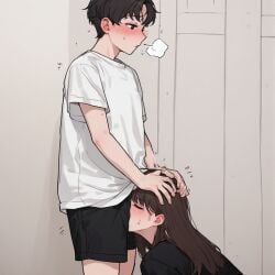 1boy 1girl ai_generated artist_request blush brown_hair character_request closed_eyes copyright_request from_side hands_on_another's_head head_grab hetero long_hair non-web_source oral shirt short_hair shorts source_request tagme white_shirt