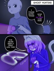 animal_ears animal_tail artist_request ass_print cat_ears cat_girl cat_tail comic flashlight implied_oral implied_sex long_sleeves short_hair speech_bubble text uv_light white_hair
