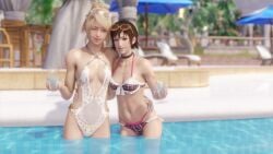 3d asian_female blonde_hair blue_eyes brown_eyes brown_hair female_only final_fantasy final_fantasy_xv iris_amicitia lazyprocrastinator lunafreya_nox_fleuret pale-skinned_female pool square_enix swimsuit teenage_girl teenager wink winking_at_viewer