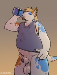 2025 animal_genitalia animal_penis anthro balls blonde_hair blue_body blue_fur bottomless bottomless_anthro bottomless_male bull_terrier canid canine canine_genitalia canine_penis canis clothed clothing domestic_dog drinking ear_piercing ear_ring eyes_closed facial_hair fur genitals goatee gradient_background hair hi_res hunting_dog male male_anthro mammal mintyderg orange_body orange_fur penis penis_tip piercing pink_penis ring_piercing simple_background slightly_chubby slightly_chubby_anthro slightly_chubby_male solo standing tail terrier white_body white_fur