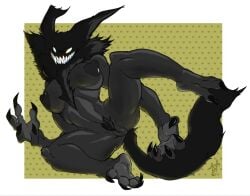 black_body black_fur breasts claws cryptid digital_media_(artwork) feet female female/female fur pinup pose pubes simpleesteban smile smiler_(the_backrooms) solo the_backrooms white_eyes