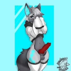 1boy absurd_res anthro arctic_fox blue canid canine character_specter cyan cybernetics femboy fox hi_res knot machine male mammal shy solo true_fox vivante
