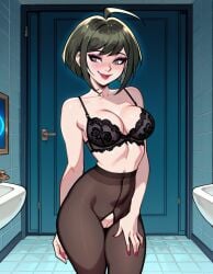 ai_generated mahamoan naegi_komaru school_uniform schoolgirl danganronpa danganronpa_ultra_despair_girls hypnotized dickmatized erection blush blushing blush_lines narrowed_eyes looking_at_self hand_on_thigh lipstick high_waisted_bottomwear pantyhose crotchless_pantyhose lace_bra large_breasts bathroom