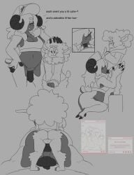 1boy 1futa anal anal_sex back_view backsack bottomless caprine chubby_female clover_(ebiinari) dark_skin ebiinari ewe fellatio foreskin furry larger_female lying lying_on_stomach monochrome oc original original_character penis_in_ass penis_size_difference ram sheep sheep_boy sheep_ears sheep_girl sheep_horns size_difference smaller_male trans_woman transfem
