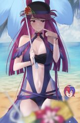 2girls alear_(female)_(fire_emblem) alear_(fire_emblem) alternate_costume bare_shoulders beach beauty_mark black_headwear blue_one-piece_swimsuit blue_swimsuit bracelet breasts cleavage clothing_cutout doiparuni dress dress_swimsuit female female_only fire_emblem fire_emblem_engage fire_emblem_heroes flower hat highres ivy_(fire_emblem) ivy_(summer)_(fire_emblem) large_breasts long_hair looking_at_viewer mole mole_under_mouth nintendo official_alternate_costume one-piece_swimsuit parasol purple_eyes purple_hair see-through_headwear solo_focus standing stomach stomach_cutout swimsuit