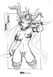 breasts crybringer female female_only front_view holding_object monochrome psyme sigma_star_saga solo standing tagme