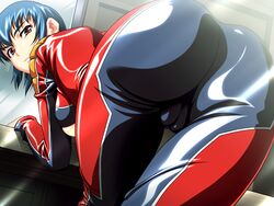 ass bent_over blue_hair bodysuit breasts cameltoe clothing female from_behind game_cg houya_yukitoshi jumpsuit large_breasts looking_back red_eyes reversible serious short_hair solo spandex sugihara_shizuno sunlight thigh_gap thighs tight_pants