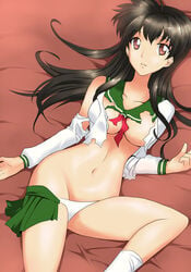 emmaai higurashi_kagome inuyasha kagome_higurashi lying_down panties partially_dressed solo torn_clothing white_panties