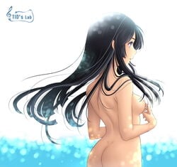 ass bangs black_hair blue_eyes blunt_bangs breasts dimples_of_venus female female_only hime_cut human human_only k-on! long_hair mio_akiyama_(k-on!) nude sideboob solo sunset tidsean very_long_hair