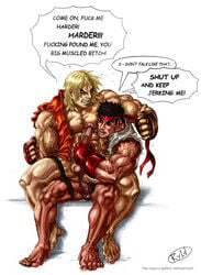 2boys anal_penetration anal_sex asian black_hair blonde_hair bottomless capcom clenched_teeth color cum_in_ass encouragement erect_nipples erection exposed_nipples fingerless_gloves gay headband holding_penis human interracial ken_masters legs_held_open male male_only mouth_open multiple_males multiple_penises muscles one_eye_closed open_shirt penis_size_difference pulling ryld ryu_(street_fighter) spread_legs straight_hair street_fighter tagme veiny_muscles yaoi