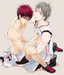 2boys basketball_uniform kagami_taiga kiyoshi_teppei kneeling kuroko_no_basuke male multiple_boys red_hair shoes sneakers sportswear sweat yaoi