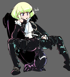 1boy anus beige_background bulge cravat dildo doppel doppel_(pixiv) english_text gay gloves green_hair half_gloves highres jacket lio_fotia male male_focus male_only open_mouth promare purple_eyes simple_background sitting solo squatting toy toying_self trap