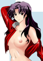 1girls breast breasts brown_hair clothing female human jacket large_breasts light-skinned_female light_skin long_hair medium_breasts misato_katsuragi neon_genesis_evangelion nipples purple_hair special-week topless violet_hair