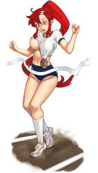 axfa bloomers blue_bloomers blush boota breast_slip breasts buruma embarrassed footwear gym_uniform hair_ornament knee_socks kneehighs kneesocks large_breasts legs light-skinned_female light_skin long_hair navel no_bra oboro_(squeeze) ponytail red_hair shirt_lift shirt_pull shoes sneakers socks socks_and_shoes tengen_toppa_gurren-lagann tengen_toppa_gurren_lagann tied_hair track track_and_field white_socks yellow_eyes yoko_littner