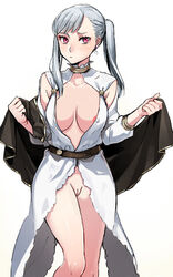 1girls black_bulls_uniform black_clover blush breasts female female_only large_breasts naked noelle_silva pale_skin pink_eyes shy silver_hair solo stripping tied_hair unknown_artist wizard