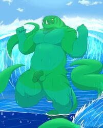 balls dota_2 flaccid grandall_(artist) green_body leviathan_the_tidehunter male male_only muscles pecs penis pose precum scalie sky smile solo teeth tentacle tidehunter video_games water yellow_eyes