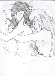 2009 2girls beauxbatons breasts female female_only fleur_delacour gryffindor harry_potter hermione_granger hugging monochrome nipples sketch small_breasts staleoats tagme witch_(harry_potter) yuri