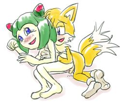 anthro blush canine cosmo_the_seedrian fox fur housyasei_san interspecies lying mammal on_side seedrian sonic_(series) sonic_x spooning straight tails