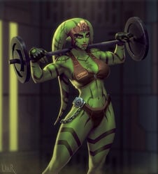 barbell bikini body_markings fan_character female_focus fingerless_gloves green_eyes green_skin lip_piercing muscular muscular_female nose_ring over_shoulder saleen_jarvik smile star_wars twi'lek ullr weightlifting