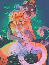 2girls anthro bermuda_(beastiesad) blush clitoral_stimulation cove_(pussycatcove) dripping dripping_pussy ear_piercing english_text feline multiple_girls pierced_nipples pussycatcove septum_piercing spread_legs yuri