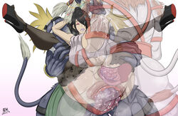 beast bloated_belly corruption double_penetration final_fantasy final_fantasy_x kimahri large_ass large_balls large_breasts large_insertion larger_male looking_at_viewer looking_pleasured lulu_(final_fantasy) milking re411 ronso silly silly_face