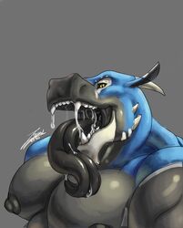 2020 anthro big_muscles black_countershading black_nipples black_tongue blue_body bodily_fluids bust_portrait countershading dragon gaping_mouth grey_background hi_res huge_pecs long_tongue male male_only muscular muscular_anthro muscular_arms muscular_male nipples open_mouth portrait saliva saliva_string scalie sharp_teeth simple_background solo teeth tongue western_dragon yellow_eyes zawn zawn_(character)