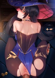 1boy anus ass back bad_anatomy bangs bare_shoulders black_hair black_legwear blue_eyes blush breasts censored clothed_sex coin commentary doggy_style earrings female from_above genjung genshin_impact gloves hair_ornament has_uncensored_version highres jewelry long_hair looking_at_viewer looking_back mona_(genshin_impact) mosaic_censoring pantyhose penis pillow pussy sex sex_from_behind solo_focus star_(symbol) star_hair_ornament straight sweat torn_clothes torn_legwear twintails vaginal_penetration