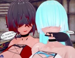 2girls 3d android carmine_(steele734) choker dialogue eyes_covered giantess hair_over_eyes koikatsu large_breasts larger_female open_mouth pearl_(steele734) size_difference steele734_(artist) tagme text vore wes_(steele734)