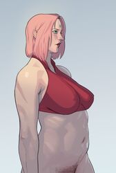 1girls bare_arms bare_shoulders big_breasts bob_cut boruto:_naruto_next_generations bottomless bra busty clothed clothing crop_top curvaceous curvy curvy_figure erect_nipples erect_nipples_under_clothes female female_only female_pubic_hair forehead_jewel forehead_mark from_side green_eyes hairy halterneck human large_breasts lipstick mature mature_female medium_breasts medium_hair milf naruto naruto_(series) ngmi nipple_bulge nipples_visible_through_clothing pale-skinned_female pale_skin partially_clothed perky_breasts pink_hair pink_lips pink_lipstick pinup plump pose posing pubes pubic_hair red_bra revealing_clothes sagging_breasts sakura_haruno short_hair shoulder_length_hair side_view solo sports_bra standing