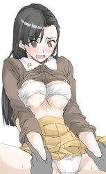 1boy black_hair blush bra breasts brown_eyes chi-hatan_military_uniform elf_(stroll_in_the_woods) female girls_und_panzer groin highres jacket_lift large_breasts long_hair military military_uniform nishi_kinuyo offscreen_sex open_mouth panties saliva shiny shiny_hair simple_background skirt spread_legs sweat underboob underwear uniform white_background white_bra white_panties wrist_grab yellow_skirt