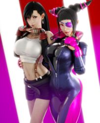 2girls 3d adeptusinfinitus blender bodysuit breasts cleavage eyepatch female_only final_fantasy final_fantasy_vii juri_han latex midriff miniskirt multiple_girls seductive street_fighter tanktop thighs tifa_lockhart