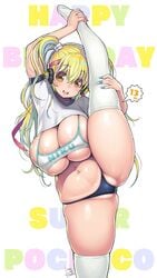 bbw big_breasts blonde_hair cameltoe chubby huge_breasts looking_at_viewer midriff panties partially_visible_vulva splits super_pochaco thick_thighs thighhighs tsuji_santa undersized_clothes vertical_splits workout_clothes yellow_eyes