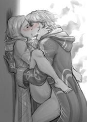 1boy 1girls blush brand_of_the_defile closed_eyes evomanaphy female fire_emblem fire_emblem_awakening fire_emblem_heroes greyscale grima_(fire_emblem) heavy_breathing kiran_(fire_emblem) kiran_(fire_emblem)_(female) kissing lifting_person male monochrome nintendo pussy_juice ring robin_(fire_emblem) robin_(fire_emblem)_(male) sex wedding_ring