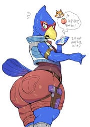 1boy 1male anthro ass avian beak big_ass big_butt bird blue_feathers blush clothing falco_lombardi fat_ass fat_butt fox_mccloud furry gay green_eyes huge_ass it's_that_big male male_only nintendo pants phone solo solo_focus solo_male star_fox sxfpantera tail_feathers thick thick_ass thick_thighs thighs yellow_beak