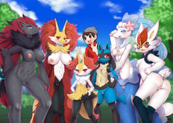 2020 anthro ass blue_body blue_eyes blue_fur blush braixen breasts canid canine cinderace claws clothed clothing delphox detailed_background female female_focus front_view fur genitals grey_body grey_fur group human lagomorph looking_at_viewer lucario male mammal multicolored_body multicolored_fur navel nintendo nipples pokemon pokemon_(species) pokemon_ss primarina pussy red_body red_eyes red_fur size_difference smile standing victor_(pokemon) video_games white_body white_fur wolflong yellow_body yellow_fur zoroark