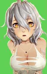 1girls 3d big_breasts big_eyes code_vein dirty_clothes dirty_clothing emotionless expressionless female female_focus female_only io_(code_vein) looking_at_viewer necklace open_mouth short_hair simple_background torn_clothes torn_clothing unusual_pupils voluptuous white_hair yellow_eyes