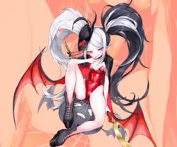 1girls black_hair black_hat black_shoes demon demon_girl finger_to_mouth gemmy_(illusion_connect) hat illusion_connect leotard red_clothes red_eyes red_leotard red_wings rose shoes smile white_hair wings