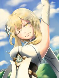 breasts clothing dress female flower genshin_impact hair_flower hair_ornament highres kuroij long_scarf looking_at_viewer lumine_(genshin_impact) medium_breasts scarf short_hair short_hair_with_long_locks sky solo white_dress white_legwear yellow_eyes